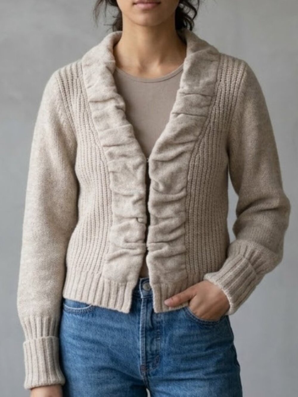 Robert Rodriguez Women's Wool Alpaca Oatmeal Beige Ruffle Cardigan Sweater S